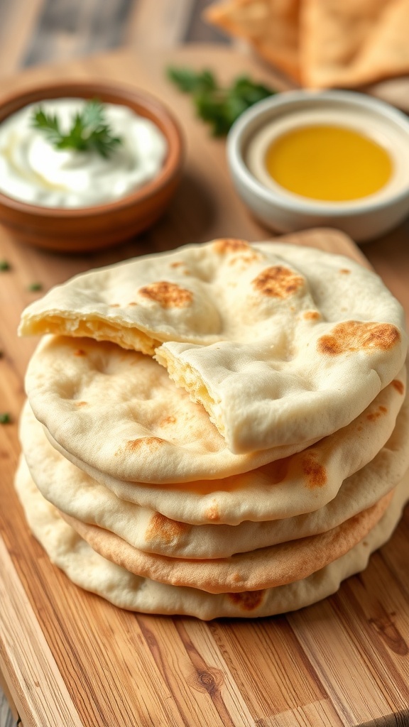 Homemade Greek Pita Bread Recipe Freshly baked pita bread stacked on a cutting board with hummus and tzatziki in the background.